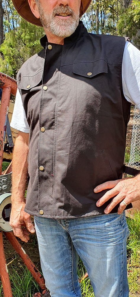 Australian Oilskin Vest modeled by a man